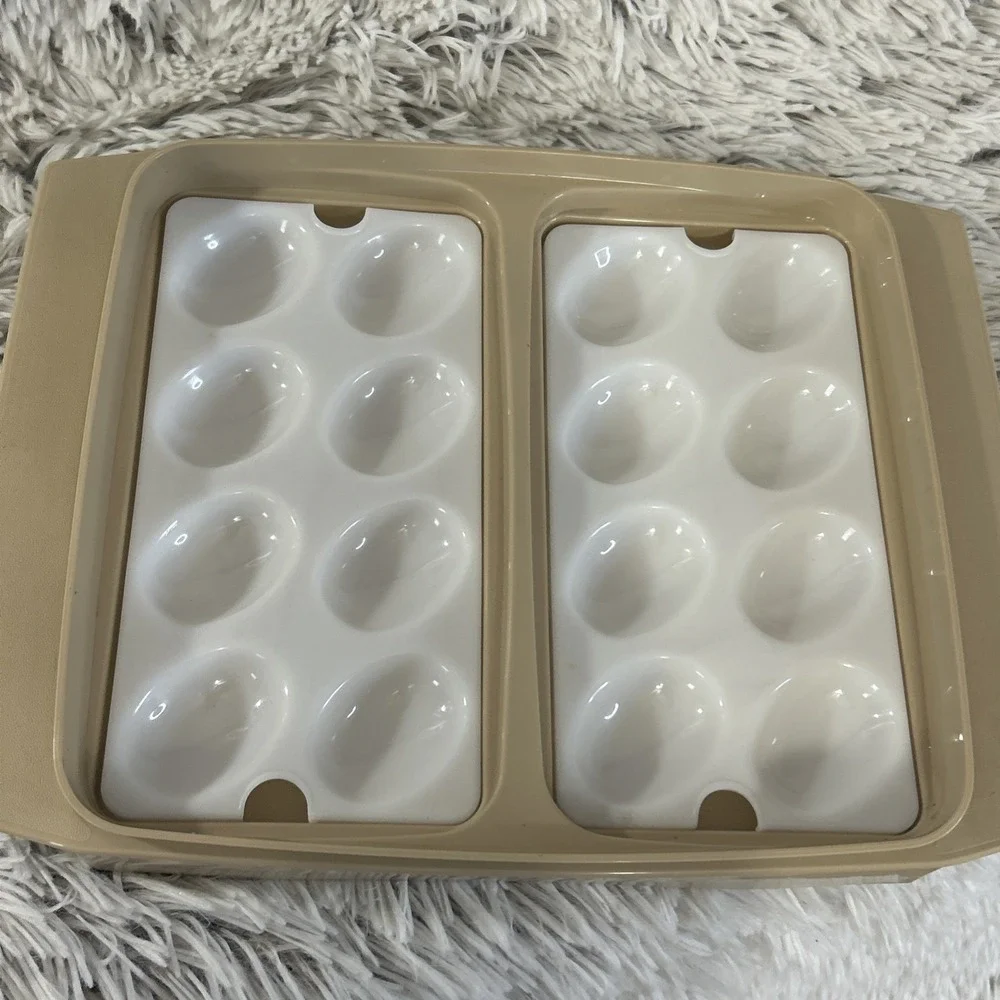 Vintage Tupperware Deviled Egg Carrier Beige White Double Tray 16 Egg Server USA